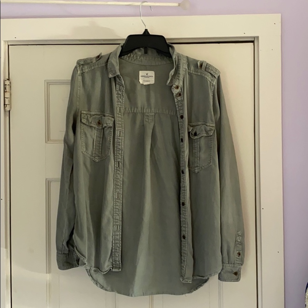 American Eagle Button Down Shirt Olive Green S